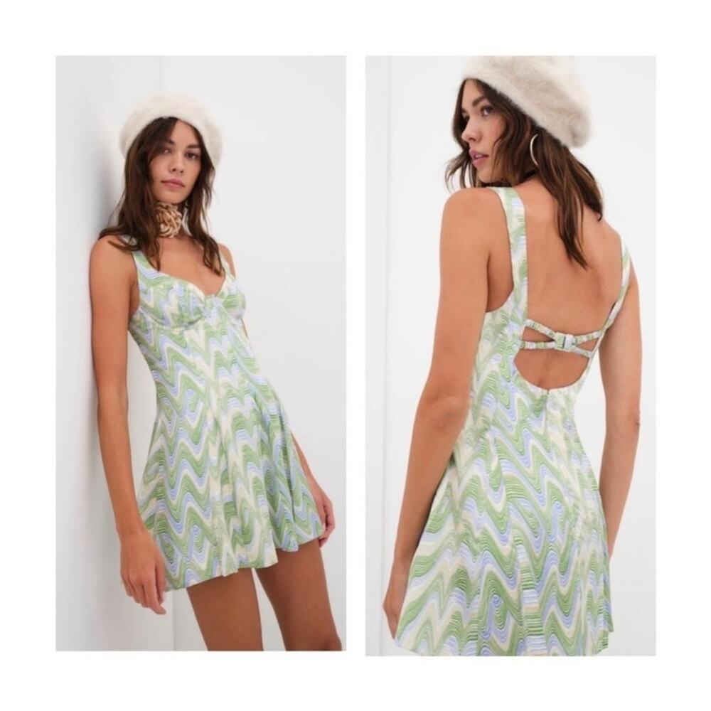 NWT For Love & Lemons Yori Mini Skater Dress S Satin Open Back Retro Party Y2K